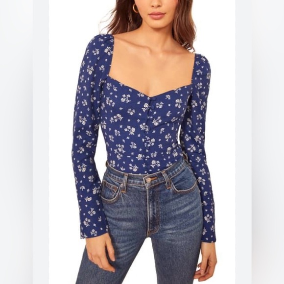 Reformation nell top blouse in maison blue and white floral corset fit size 8 - Picture 2 of 8